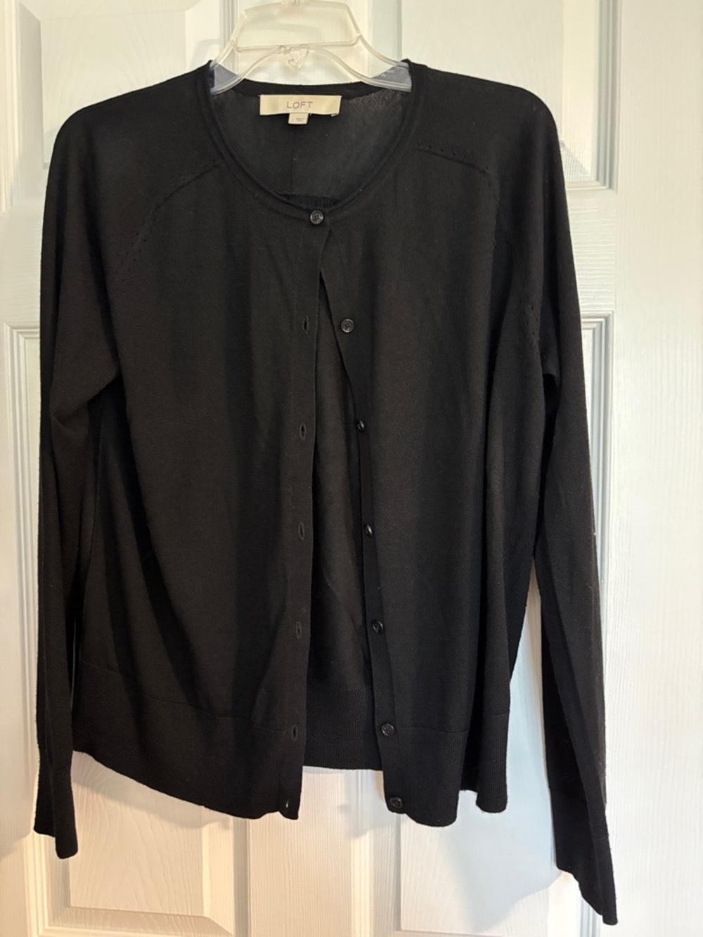 LOFT Black Lightweight Button-Front Crewneck Cardigan